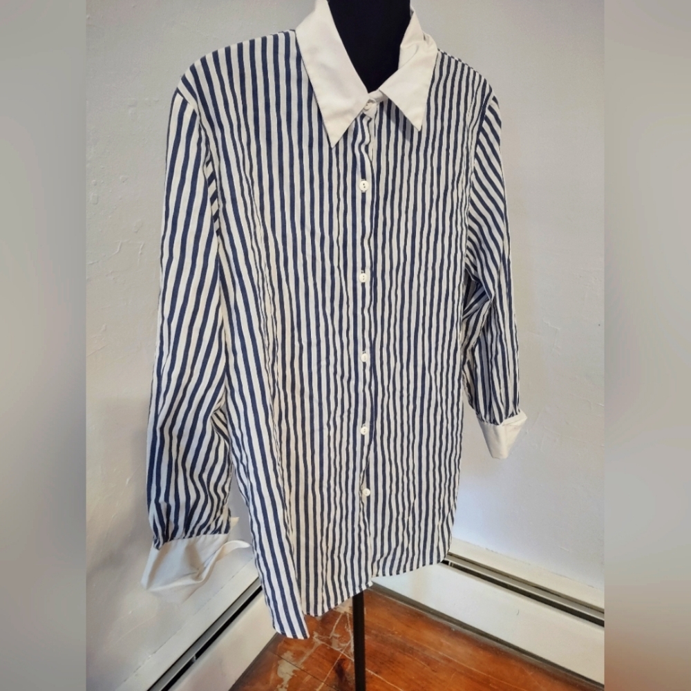Morningside Designer Collection vintage 80s Button Down Shirt navy pinstripe XL